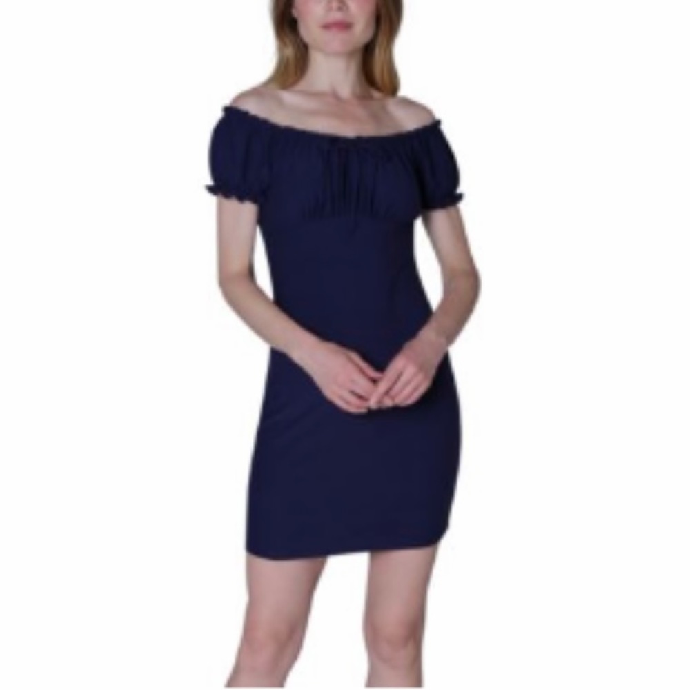 Super Cute Navy Off The Shoulder Dress - Picture 3 of 4